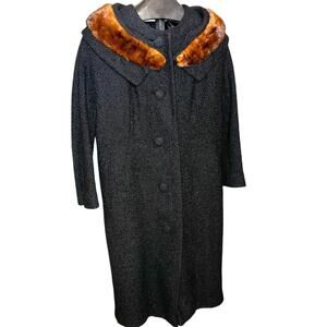 Vintage Lilli Ann Black Wool Coat W/ Fur Collar Sz XL 16